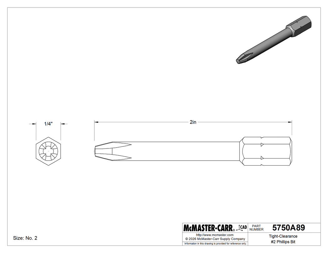 Technical Drawing of Tight-Clearance #2 Phillips Bit, 1.5" Shaft Length.